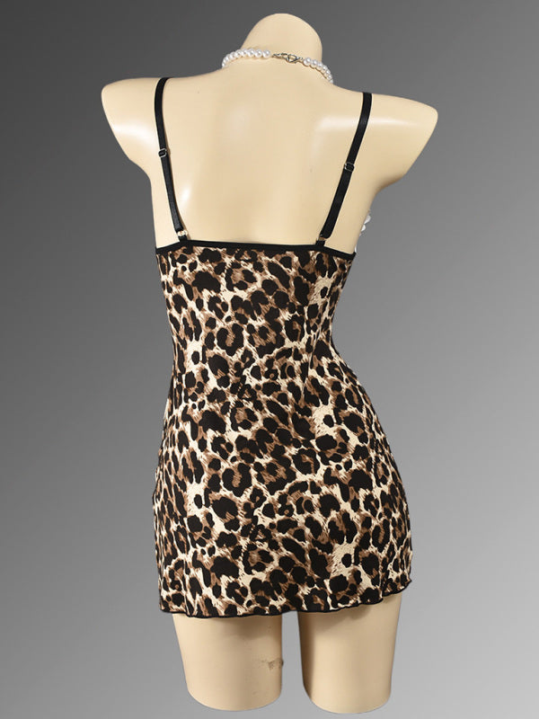 Leopard Print Sexy Nightdress Slit Legs and Bowknot on chest Lingerie